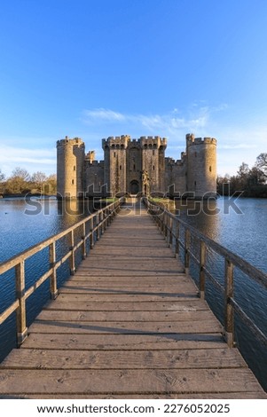 Bodiam Castle, 14th-century medieval fortress with moat and soaring towers in Robertsbridge, East Sussex, England.