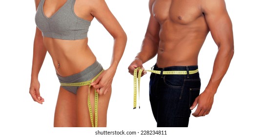 Bodies of man and woman measuring the waist with tape isolated on a white background