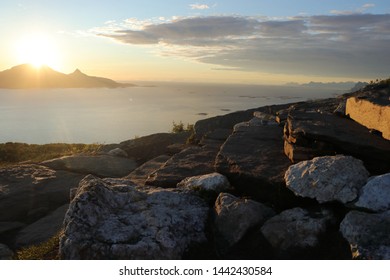 BODO, NORDLAND COUNTY / NORWAY - JULY 04 2019: Midnight Sun View From The Keiservarden Mountain Near City Of Bodo (Bodø)