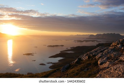 BODO, NORDLAND COUNTY / NORWAY - JULY 04 2019: Midnight Sun View From The Keiservarden Mountain Near City Of Bodo (Bodø)