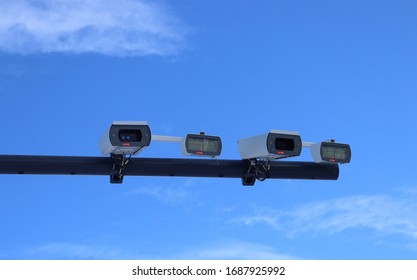 BODO, NORDLAND COUNTY / NORWAY - MARCH 29 2020: Isolated Toll Road Control Camera In Norway, Blue Sky Background, Front View, Free Space For Text.