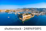 The Bodrum Castle of St. Peter and marina aerial panoramic view in Bodrum city. Bodrum is a city in Mugla Province, Turkey.