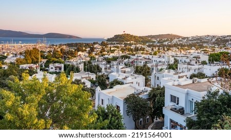 Bodrum city background. Aegean sea, traditional white houses, flowers, marina, sailing boats, yachts in Bodrum town Turkey. Aerial View 