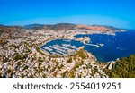 Bodrum city beach and marina aerial panoramic view. Bodrum is a city in Mugla Province, Turkey.