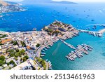 Bodrum District of Mugla, Turkey. Aerial view of Bodrum Castle (Castle of St. Peter). Panoramic view of Bodrum center, marina and castle. Drone shot.