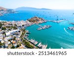 Bodrum District of Mugla, Turkey. Aerial view of Bodrum Castle (Castle of St. Peter). Panoramic view of Bodrum center, marina and castle. Drone shot.