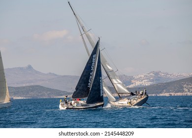 Bodrum, Mugla, Turkey - 02.25.2022: Sailing Boats Racing At Regatta.Coalition On Sea. Teamwork Navigation With Open Sails. Insurance, Accident And Disaster Concept. Beautiful Crew And Sail View