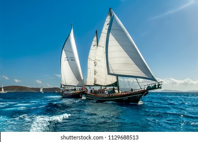 Bodrum, Turkey - 20 October 2010: Bodrum Cup, Wooden Sailing Races, Sailboats. Boats Collide. Blue Voyage