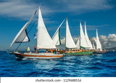 Bodrum, Turkey - 20 October 2010: Bodrum Cup, Wooden Sailing Races, Sailboats. Boats Collide. Blue Voyage