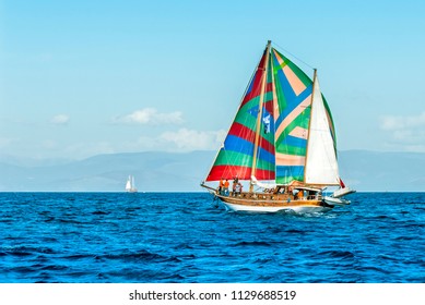 Bodrum, Turkey - 20 October 2010: Bodrum Cup, Wooden Sailing Races, Sailboats. Boats Collide. Blue Voyage