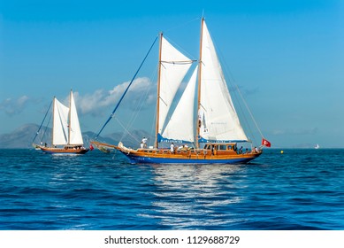 Bodrum, Turkey - 20 October 2010: Bodrum Cup, Wooden Sailing Races, Sailboats. Boats Collide. Blue Voyage