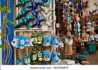 Bodrum, Turkey - August, 2020: Shops For Tourists. Authentic Goods For Travelers. Souvenirs In Bodrum. Oriental Flavor And Exotic. Popular Tourist Destination, Famous Turkish Bazaar.