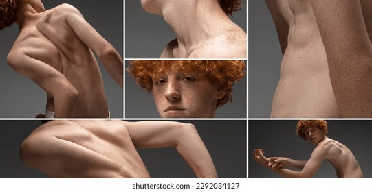 Body aesthetics. Collage of different body parts of young redhead guy with freckles posing over grey studio background. Concept of men's health, beauty, skin care, hygiene and male cosmetology - Shutterstock ID 2292034127
