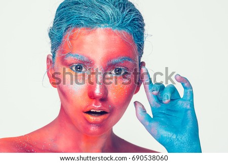 Body art woman face portrait, pink skin with beautiful beauty blue hair, art concept