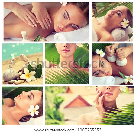 Body care collage  . Spa body massage treatment. Woman having relaxing care with hot herbal balls  in the  beauty salon. Health, beauty and cosmetology . 