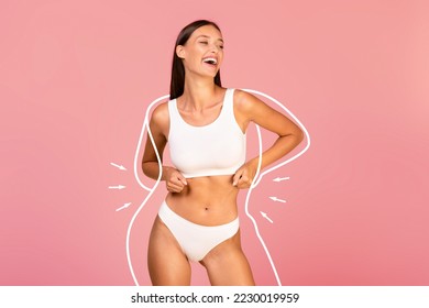 Body Care Concept. Happy Young Woman With Slim Body In Underwear Posing Over Pink Background, Joyful Millennial Female With Silhouette Outlines Around Figure Enjoying Result Of Weightloss, Collage