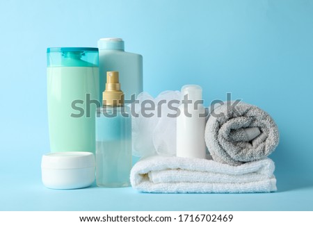 Body care products on blue background. Personal hygiene Stockfoto © 