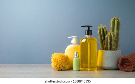 Body Care Products Over Gray Background