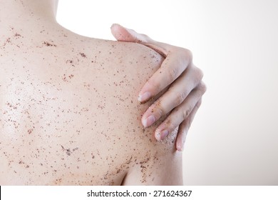 Body care, skin peeling. Massaging the back.