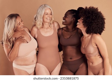 Body, different and diversity with underwear, women with fitness and beauty, equality and inclusivity with body positive and empowerment. Happy, age and wellness with motivation, health and skin.