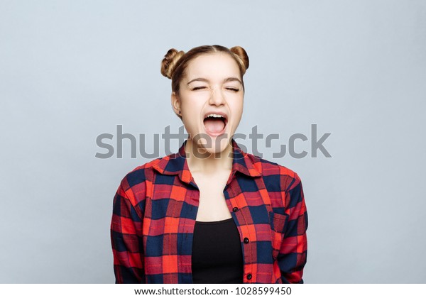 Body Language Emotions Girl Blonde Plaid Stock Photo Edit Now