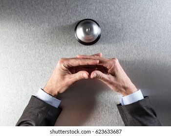 Body Language Of A Patient Businessman Crossing His Hands Working For Personnel Or Client Assistance With A Hotel Ring, Copy Space, Top View