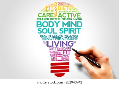 Body Mind Soul Spirit Bulb Word Cloud, Health Concept