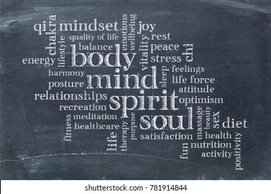 body, mind, spirit and soul cloud - white chalk text on a slate blackboard