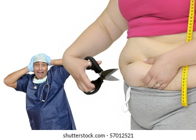 Body Part Of A Fat Woman With Measuring Tape And Scissors With Distressed Doctor In The Background