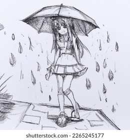 body, pencil sketch, walk in the rain, wearing skirt, daring eyes, heart lips, sad, holding umbrella, wind blowing, close-up, beautiful, anime