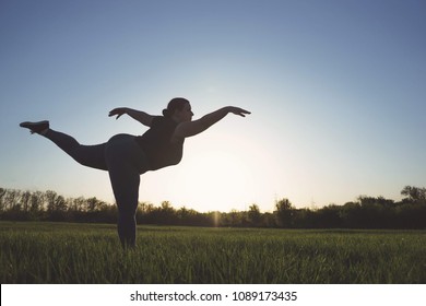 Body Positive, Confidence, High Self Esteem, Free Your Mind Concept. Overweight Woman Dancing Outdoors, Copy Space