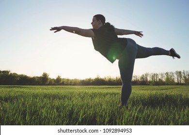 Body Positive, Confidence, High Self Esteem. Overweight Woman Dancing Outdoors. Freedom Concept