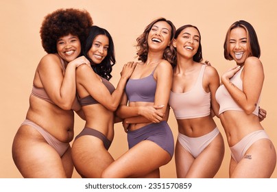 Body positive, self love and portrait of women in studio in underwear for wellness, beauty and diversity. Lingerie campaign, natural and people on brown background for pride, skincare and inclusion