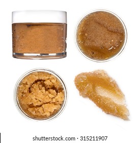 Body Scrub. Jar Of Honey Sugar Peeling. Photo