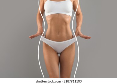 Body Sculpting. Cropped Shot Of Young Slim Woman In Underwear With Perfect Figure Pulling Up White Panties While Standing Isolated On Grey Studio Background, Collage With Lines Around Female Torso