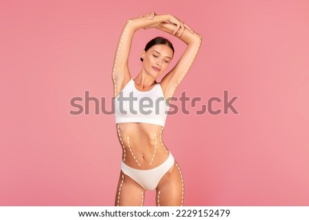 Body Sculpting. Slim Young Lady With Dashed Lines On Skin Posing Isolated Over Pink Background, Beautiful Slender Woman In Underwear Demonstrating Weight Loss Result, Creative Collage With Free Space