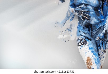 body of sexy, seductive, woman in underwear, artistically abstract painted with blue and white paint, standing at the background imprints of her body, copy space