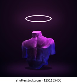 Body Of Statue In Bold Pink And Blue Neon Colors On Dark Background. Minimal Art Fantasy Concept.