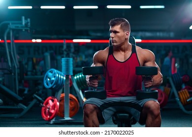 Bodybuilder athlete man with dumbbells pumping up muscles in the gym. Brutal strong muscular guy on fitness workout. Bodybuilding concept.