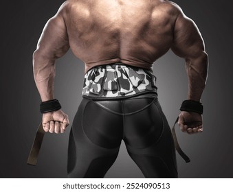 Bodybuilder in black tights with camouflaged weightlifting belt and wrist straps standing against dark background, showcasing muscular back and arms, hinting at serious training session - Powered by Shutterstock