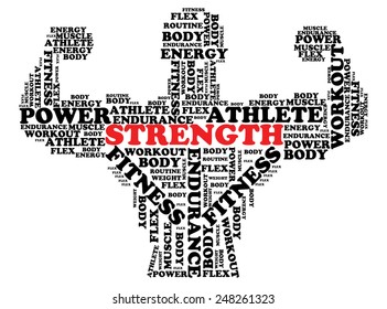 A bodybuilder flexing is designed with using various words that hold meaning to the overall image.