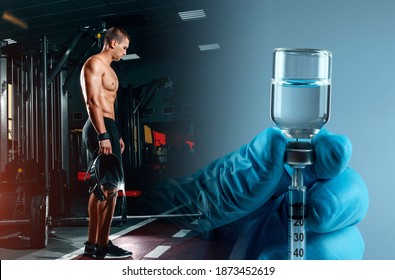 Bodybuilder In The Gym, Injecting A Steroid Syringe. Strong Athletic Muscular Man, Workout, Fitness And Bodybuilding. Healthy And Unhealthy Supplements To Increase Muscle Mass