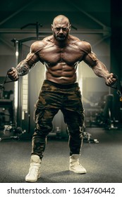 Bodybuilder handsome strong athletic rough man pumping up biceps muscles workout fitness and bodybuilding healthy concept background - muscular fitness men doing arms exercises in gym naked torso