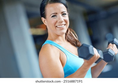 Bodybuilder, happy and portrait with woman in gym for exercise, weights and fitness. Weightlifting, dumbbell and sports athlete with person training and muscle for energy, wellness and workout - Powered by Shutterstock