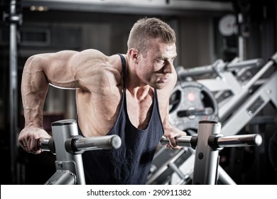 Bodybuilder man in gym doing dips as arm training 
