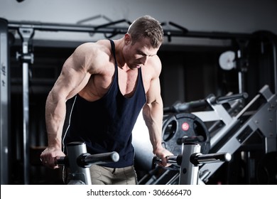 Bodybuilder Man In Gym Doing Dips As Arm Training 