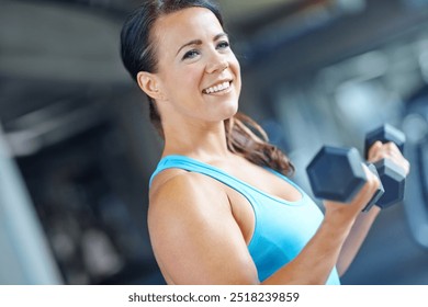 Bodybuilder, smile and club with woman in gym for exercise, weights and fitness. Weightlifting, dumbbell or sports athlete with person training and muscle for energy, wellness and workout performance - Powered by Shutterstock