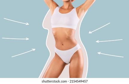 Bodycare And Slimming Concept. Front Closeup Cropped View Of Skinny Lady In White Lingerie With Perfect Ideal Body Shape Posing With Raised Arms And Outlines With Arrows Isolated On Blue Studio Wall