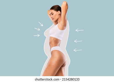 Bodycare And Slimming Concept. Profile Side View Portrait Of Skinny Lady In White Lingerie With Perfect Ideal Body Shape Posing With Raised Arms And Outlines With Arrows Isolated On Blue Studio Wall
