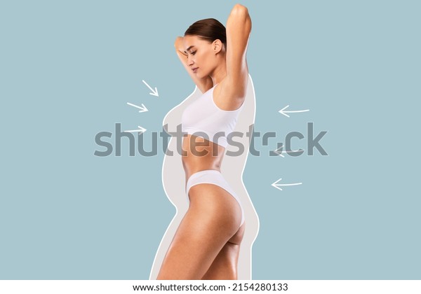 Bodycare And Slimming Concept. Profile Side View\
Portrait Of Skinny Lady In White Lingerie With Perfect Ideal Body\
Shape Posing With Raised Arms And Outlines With Arrows Isolated On\
Blue Studio Wall